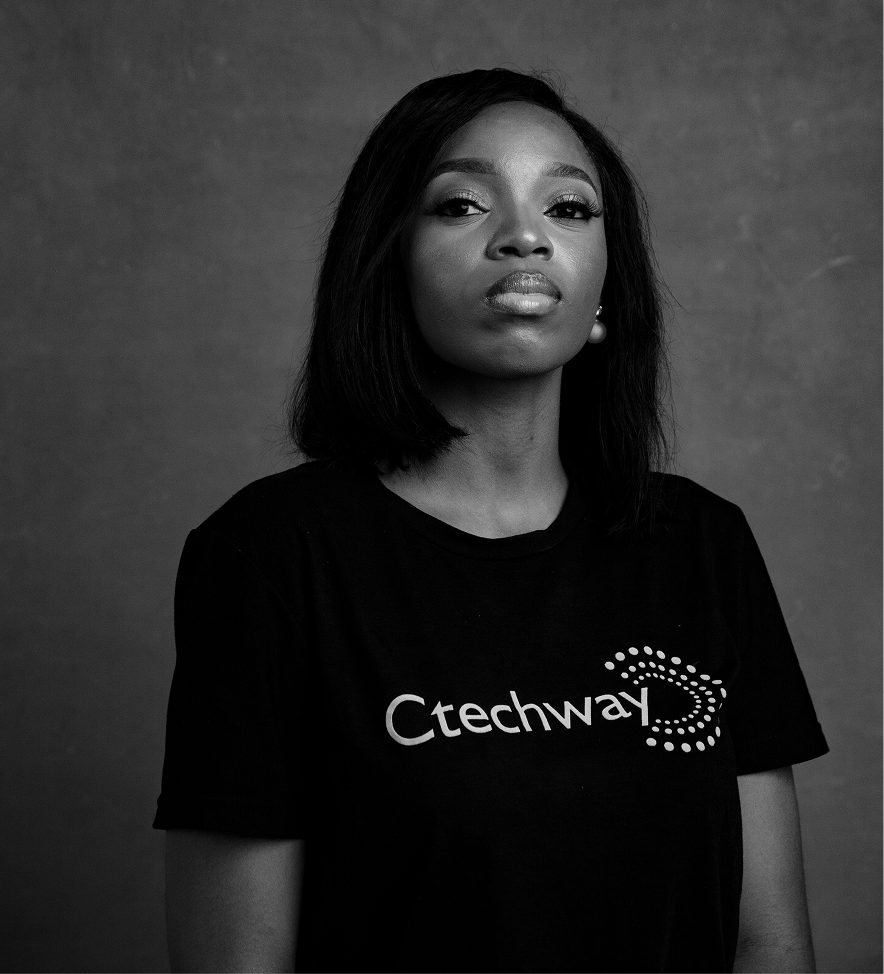 Cindy way wearing a ctechway tshirt -monochrome